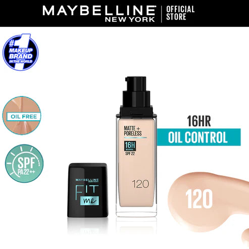 Maybelline Ny New Fit Me Matte + Poreless Liquid Foundation Spf 22 - 120 Classic Ivory 30Ml - For Normal To Oily Skin