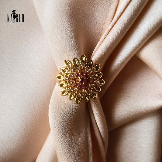 Golden Flower Ring With Maroon Stones